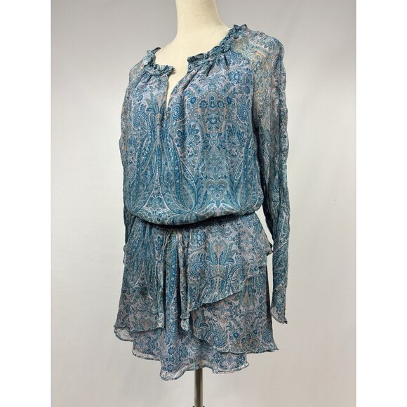Ramy Brook Mini Dress Blue Paisley Print Size Medium Long Sleeve Sheer Crinkly - Picture 1 of 12